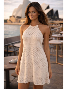 Old Navy Cream Crochet Halter Mini Dress Boho Beach Coastal M Quiet Luxury Knit